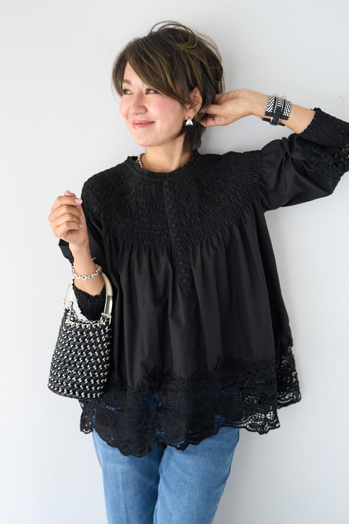 [SET]シャーリングネックボリュームブラウス+セミフレアデニムパンツ(2set)