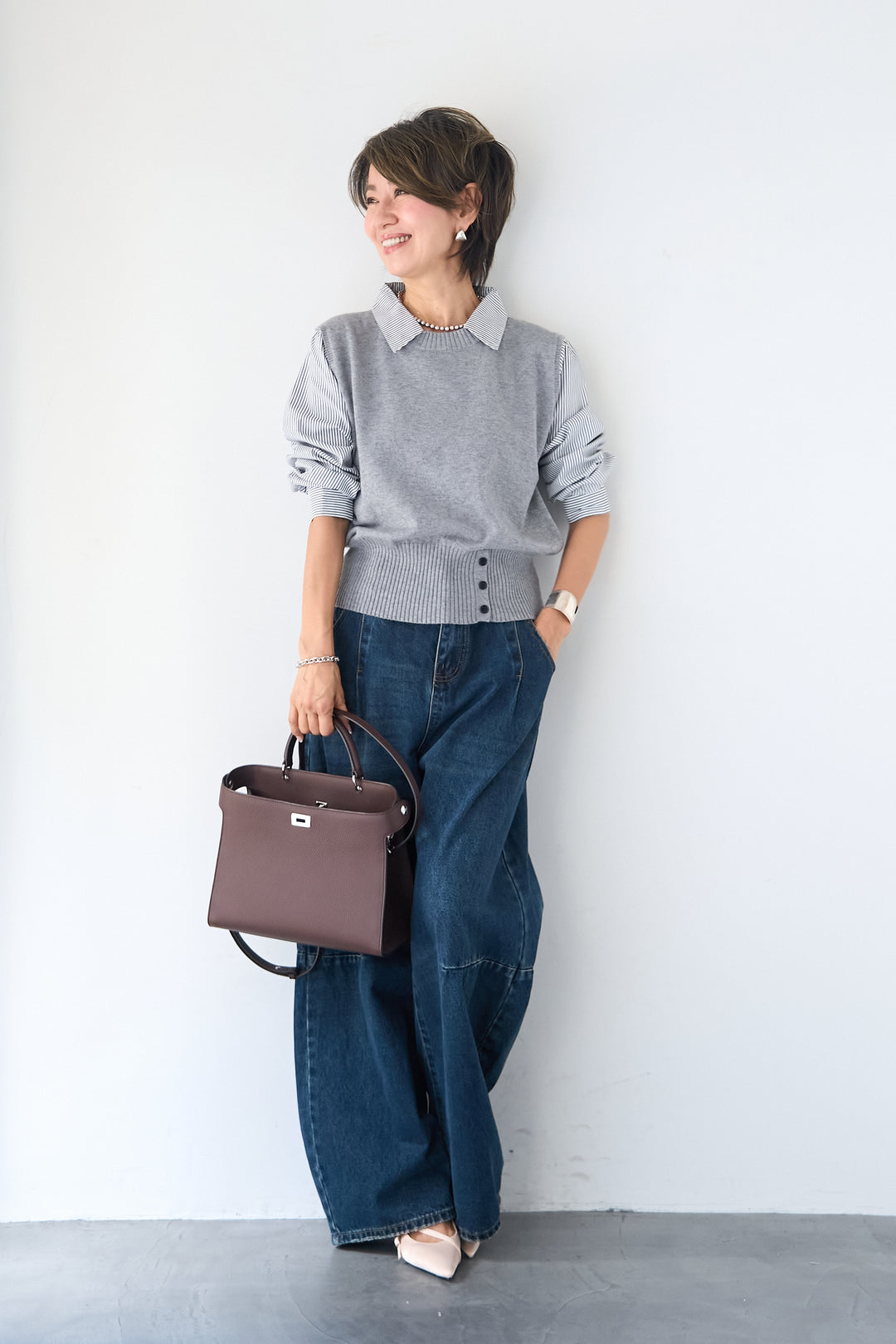 [SET]ストライプシャツ ドッキングニットベスト+カーブデニムパンツ(2set)