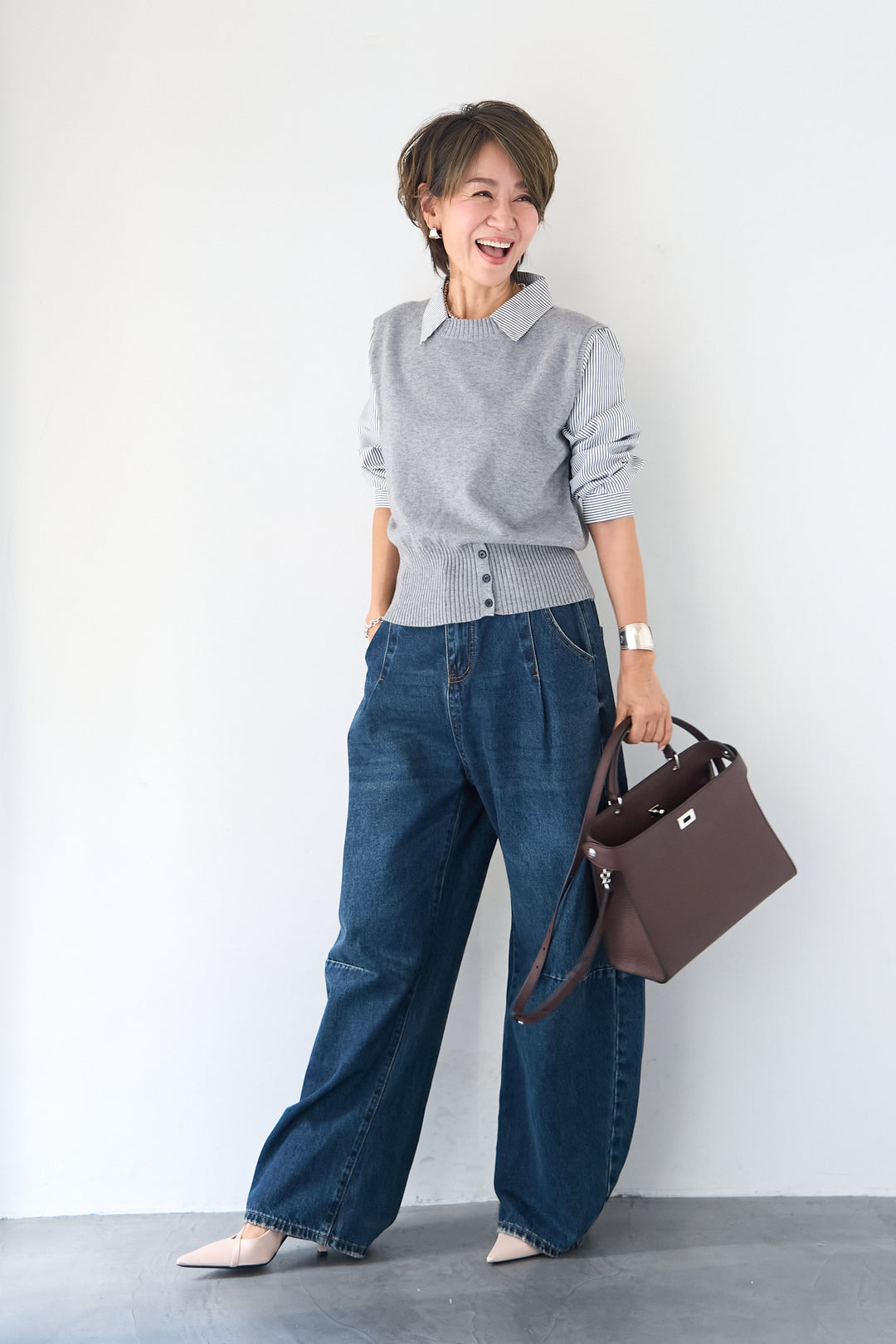 ストライプシャツ ドッキングニットベスト