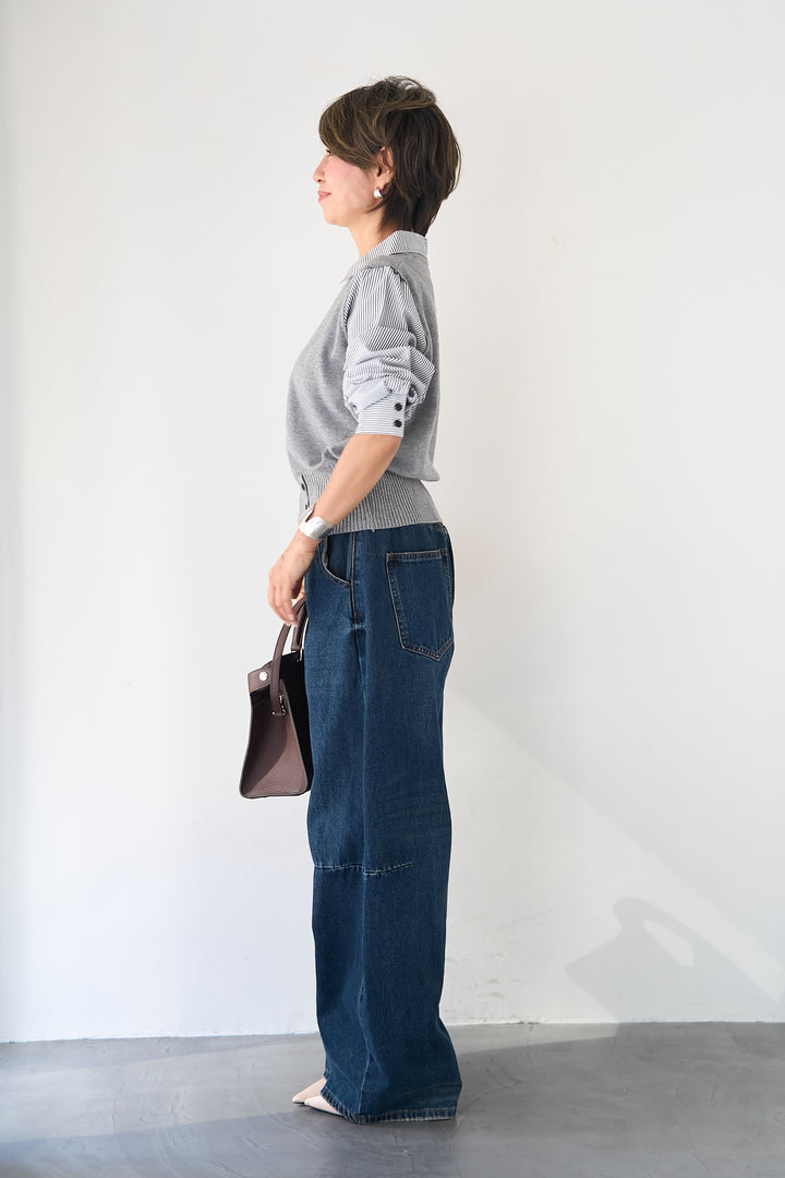 ストライプシャツ ドッキングニットベスト