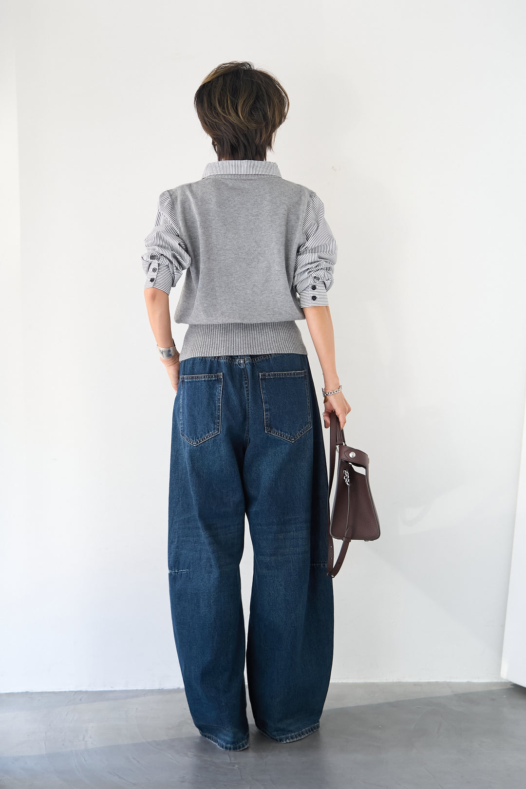 ストライプシャツ ドッキングニットベスト