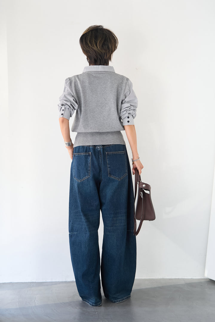 ストライプシャツ ドッキングニットベスト