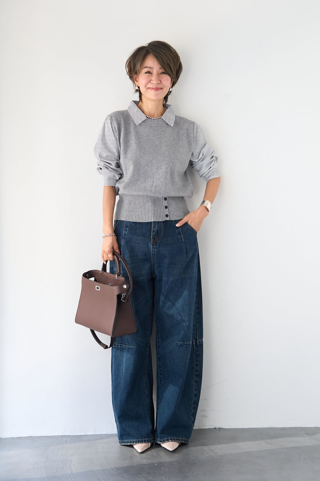 [SET]ストライプシャツ ドッキングニットベスト+カーブデニムパンツ(2set)