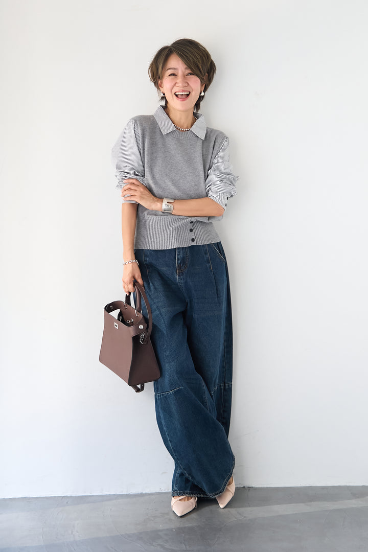 [SET]ストライプシャツ ドッキングニットベスト+カーブデニムパンツ(2set)