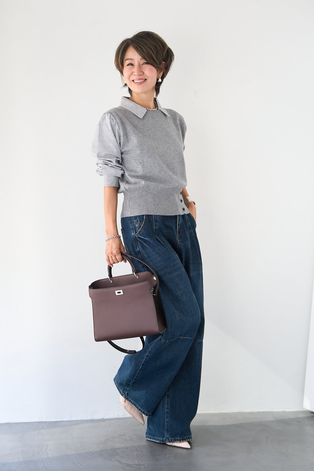 ストライプシャツ ドッキングニットベスト