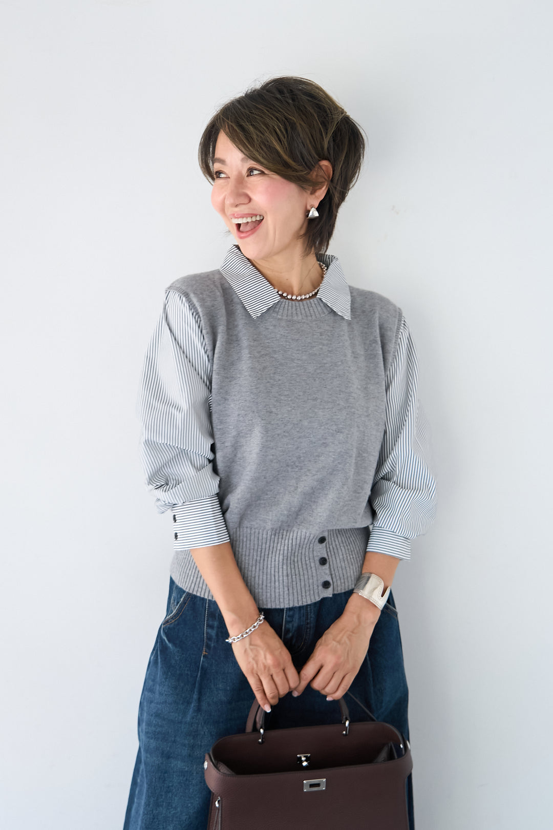 [SET]ストライプシャツ ドッキングニットベスト+カーブデニムパンツ(2set)