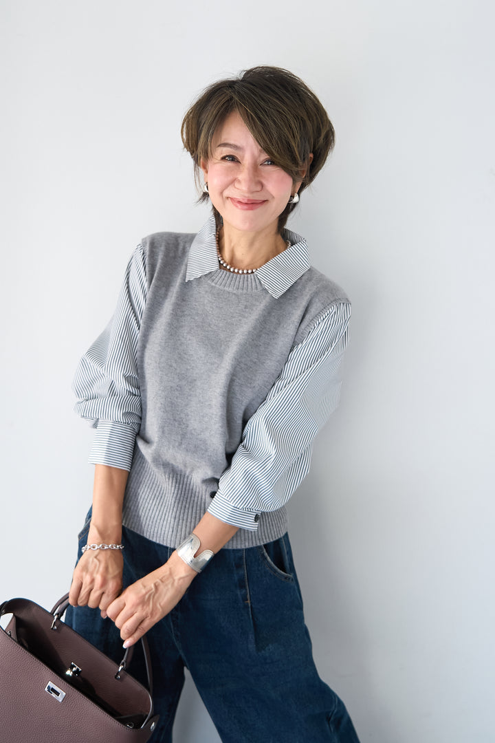 ストライプシャツ ドッキングニットベスト