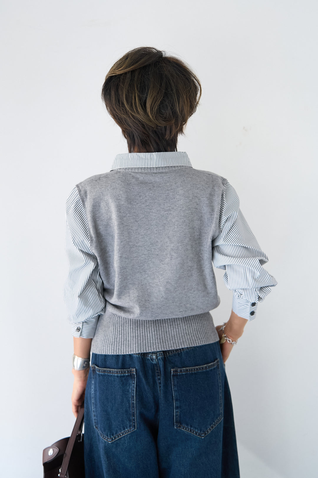 ストライプシャツ ドッキングニットベスト