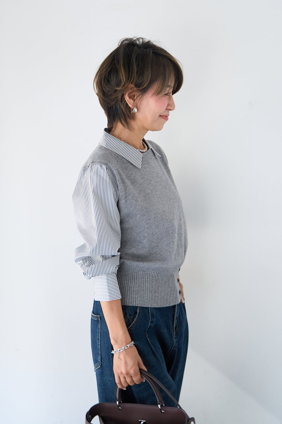 ストライプシャツ ドッキングニットベスト