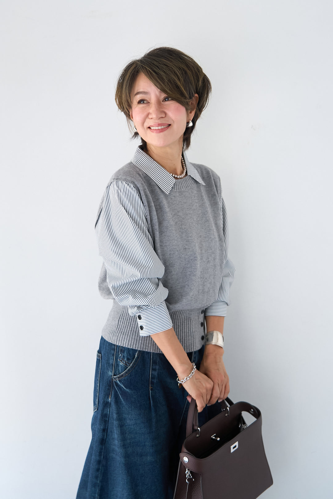 ストライプシャツ ドッキングニットベスト