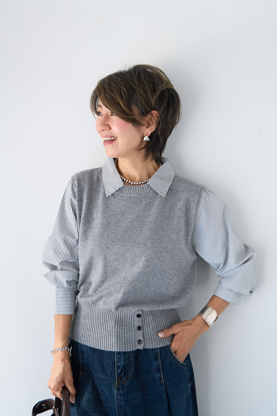 [SET]ストライプシャツ ドッキングニットベスト+カーブデニムパンツ(2set)