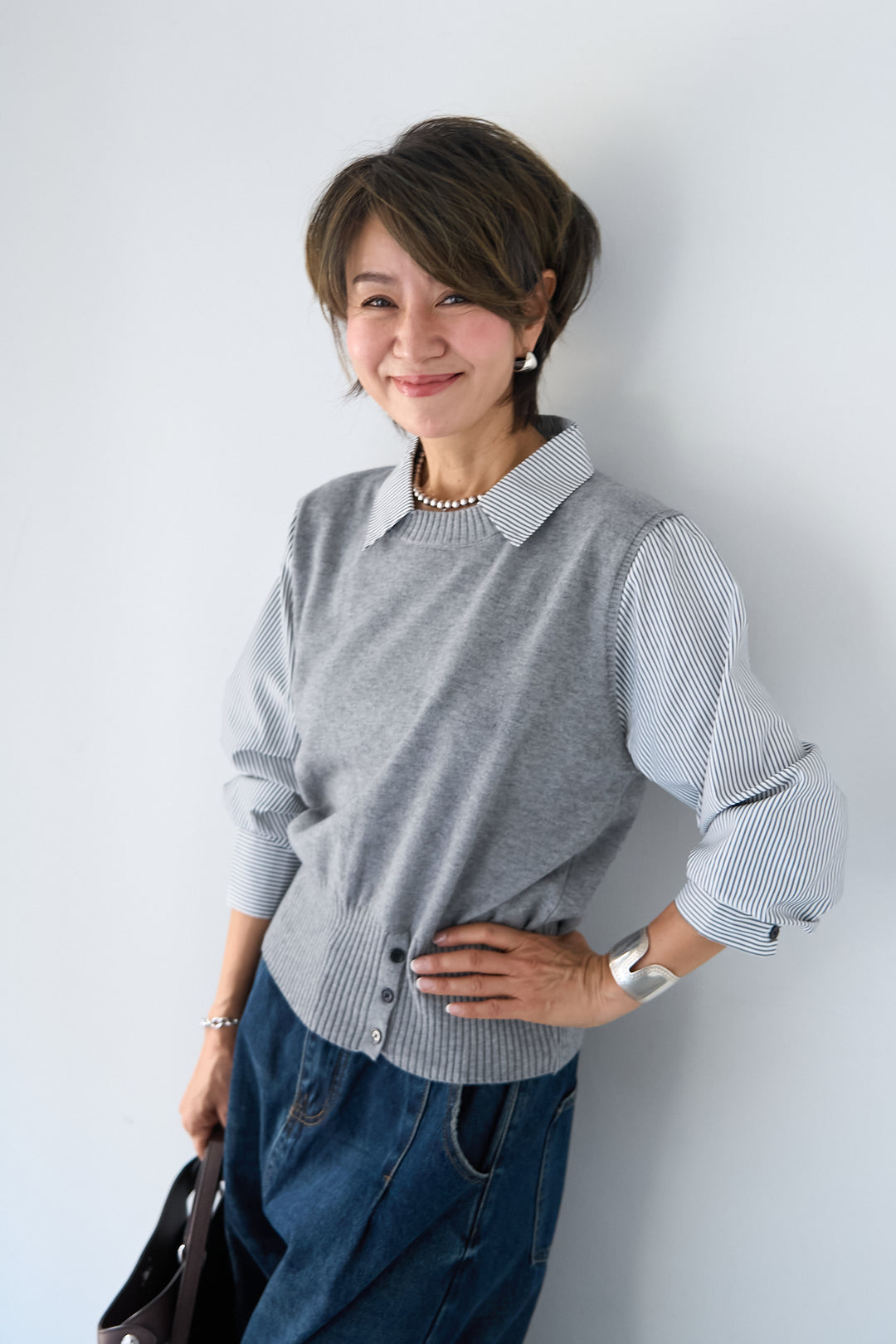 ストライプシャツ ドッキングニットベスト