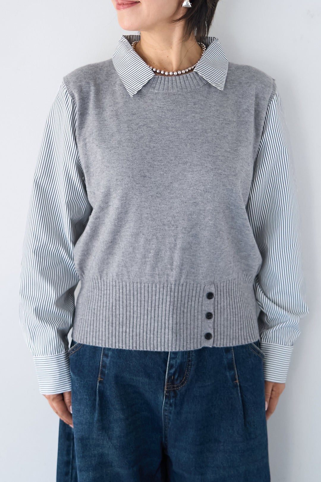 ストライプシャツ ドッキングニットベスト