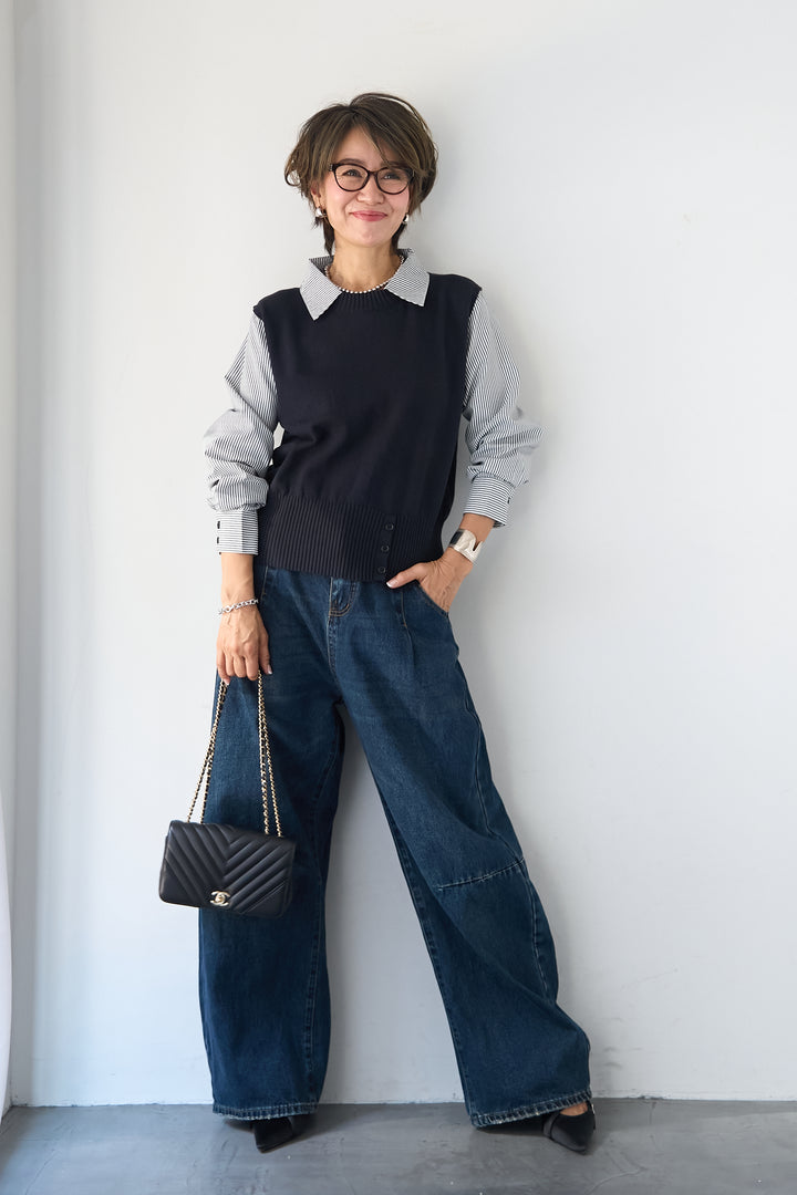 [SET]ストライプシャツ ドッキングニットベスト+カーブデニムパンツ(2set)