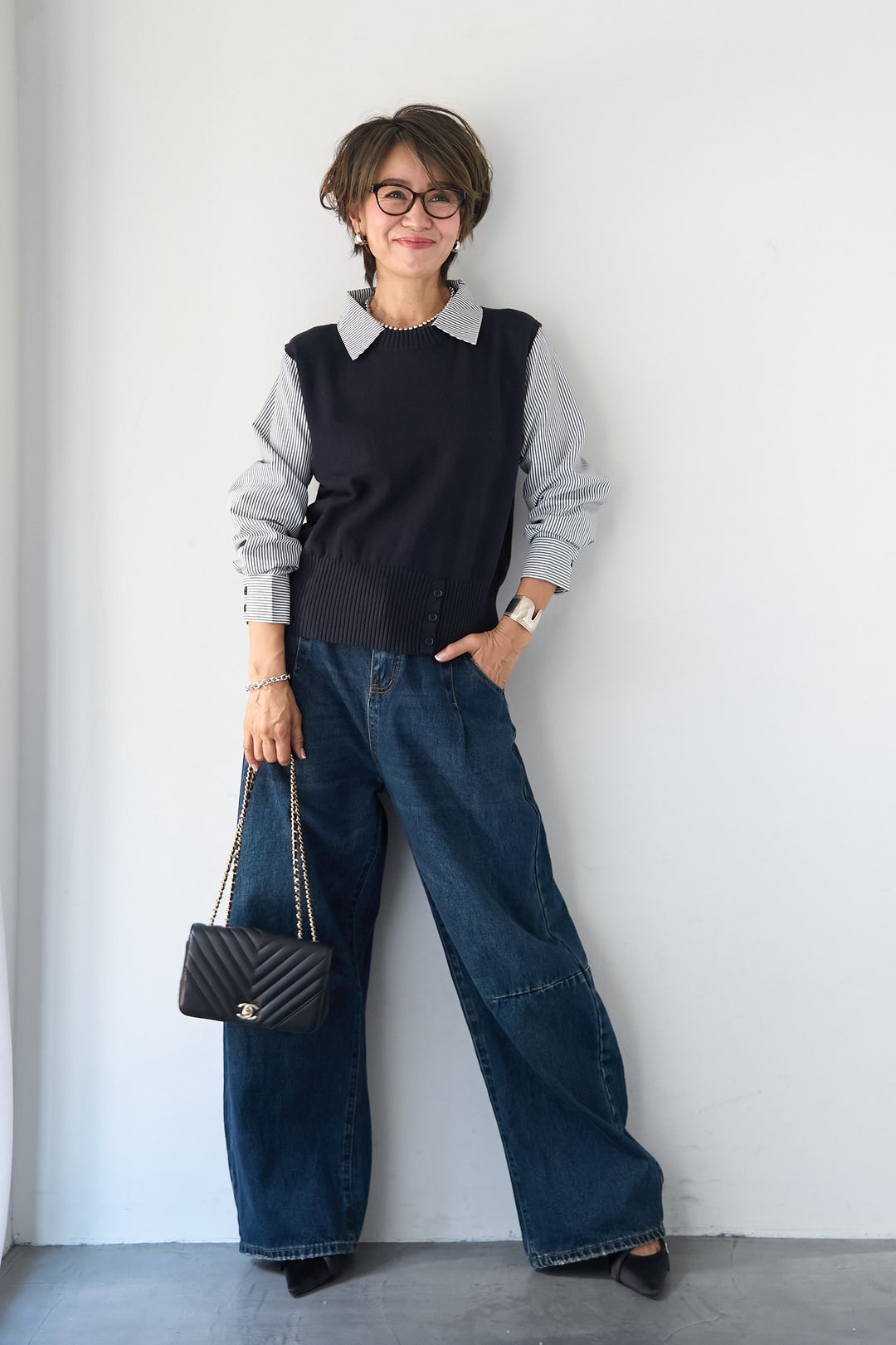 [SET]ストライプシャツ ドッキングニットベスト+カーブデニムパンツ(2set)