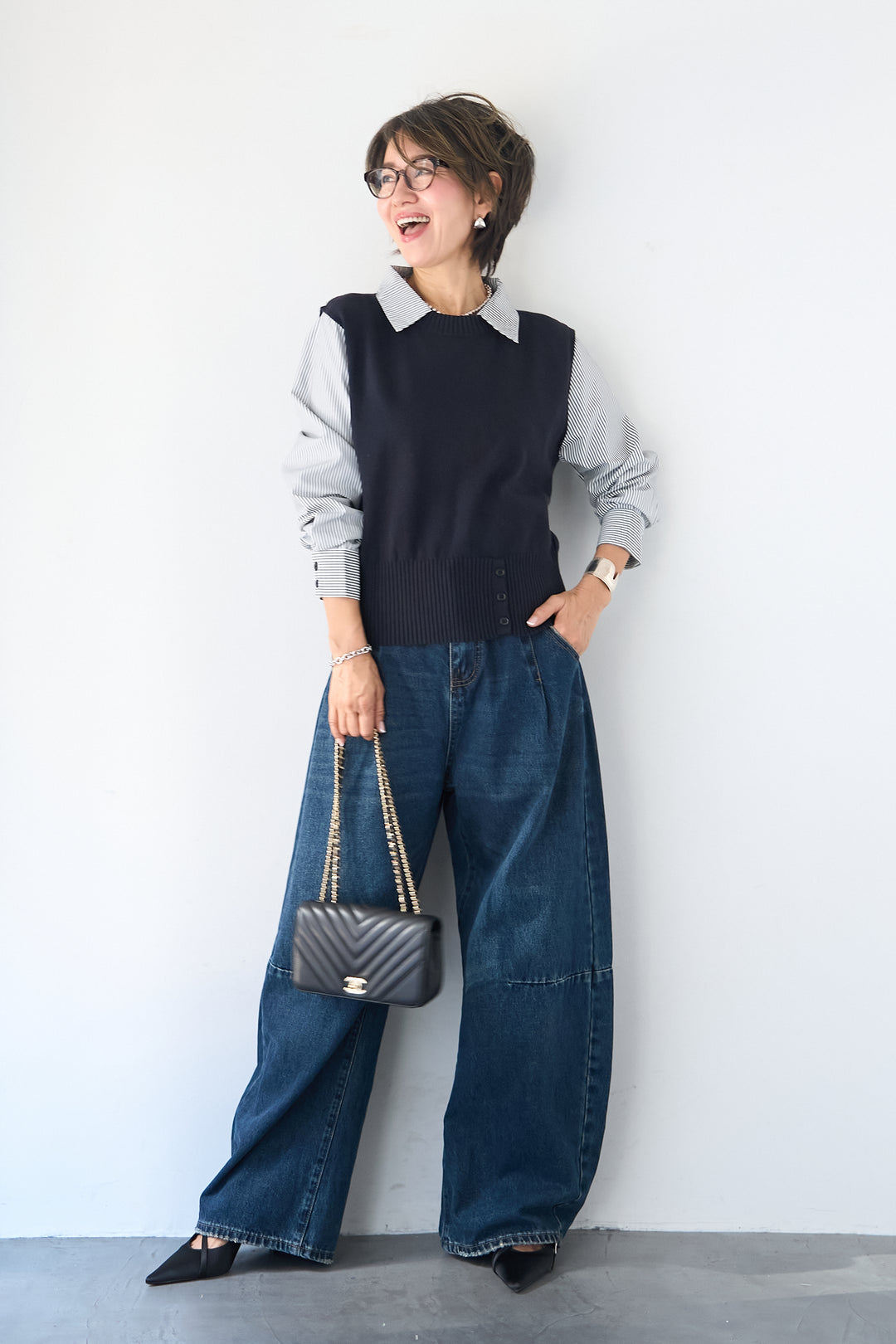 [SET]ストライプシャツ ドッキングニットベスト+カーブデニムパンツ(2set)