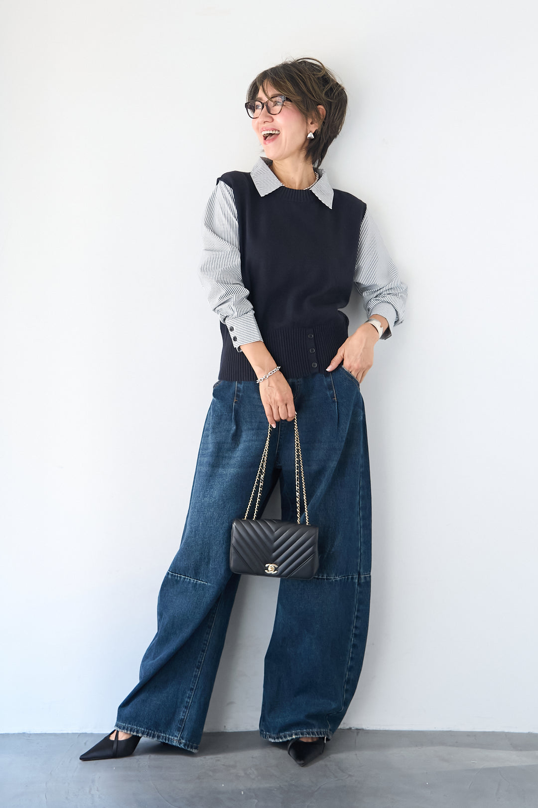 ストライプシャツ ドッキングニットベスト