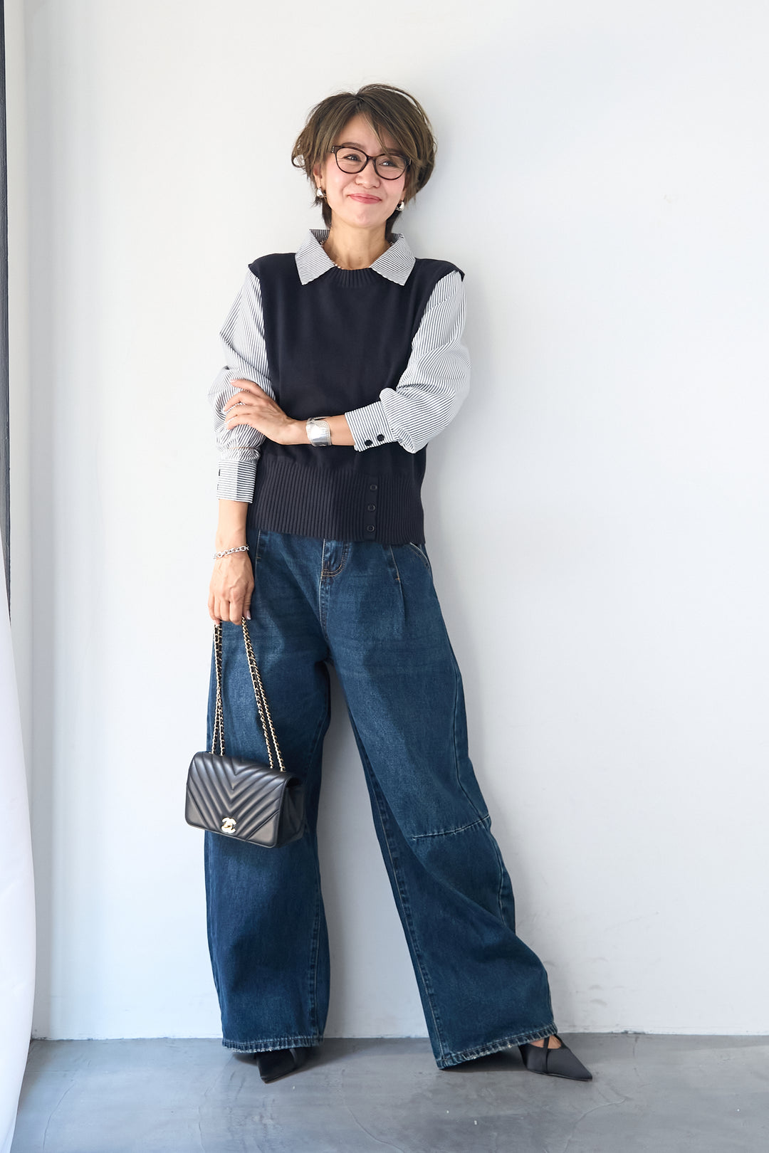 [SET]ストライプシャツ ドッキングニットベスト+カーブデニムパンツ(2set)