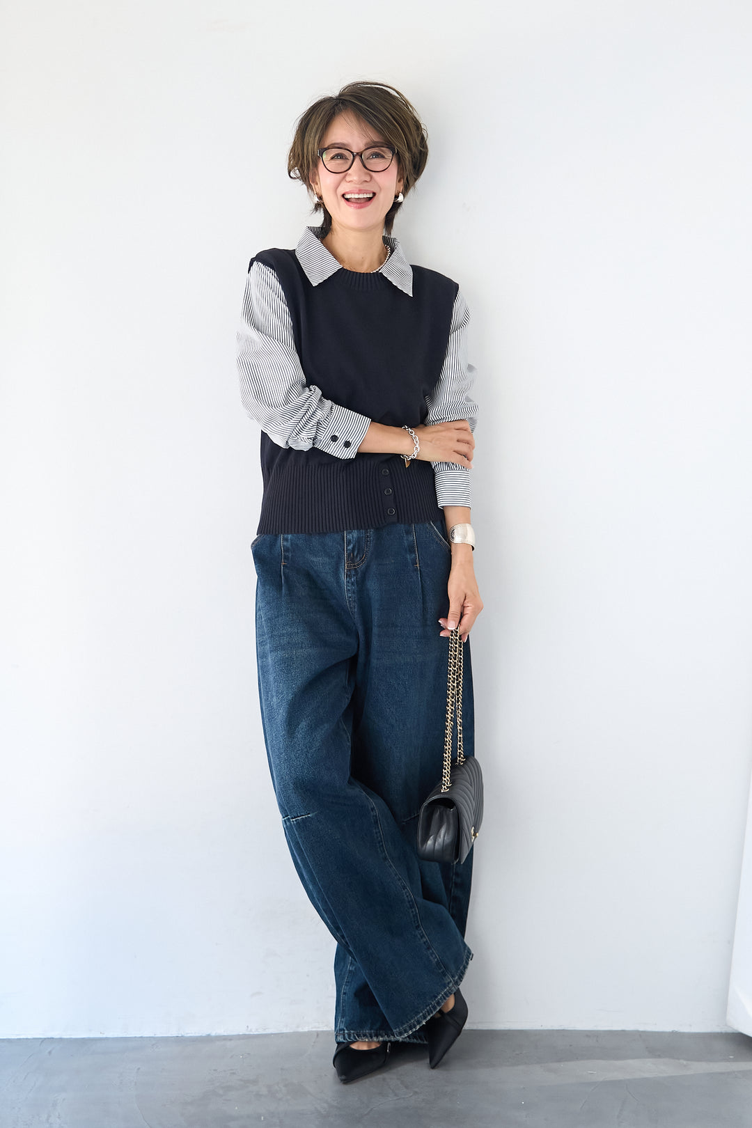 ストライプシャツ ドッキングニットベスト