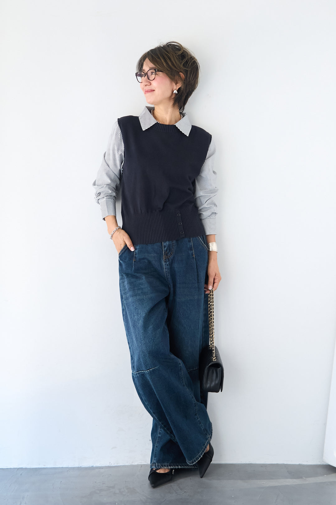 [SET]ストライプシャツ ドッキングニットベスト+カーブデニムパンツ(2set)