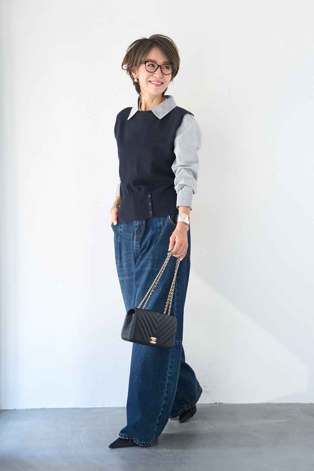 [SET]ストライプシャツ ドッキングニットベスト+カーブデニムパンツ(2set)