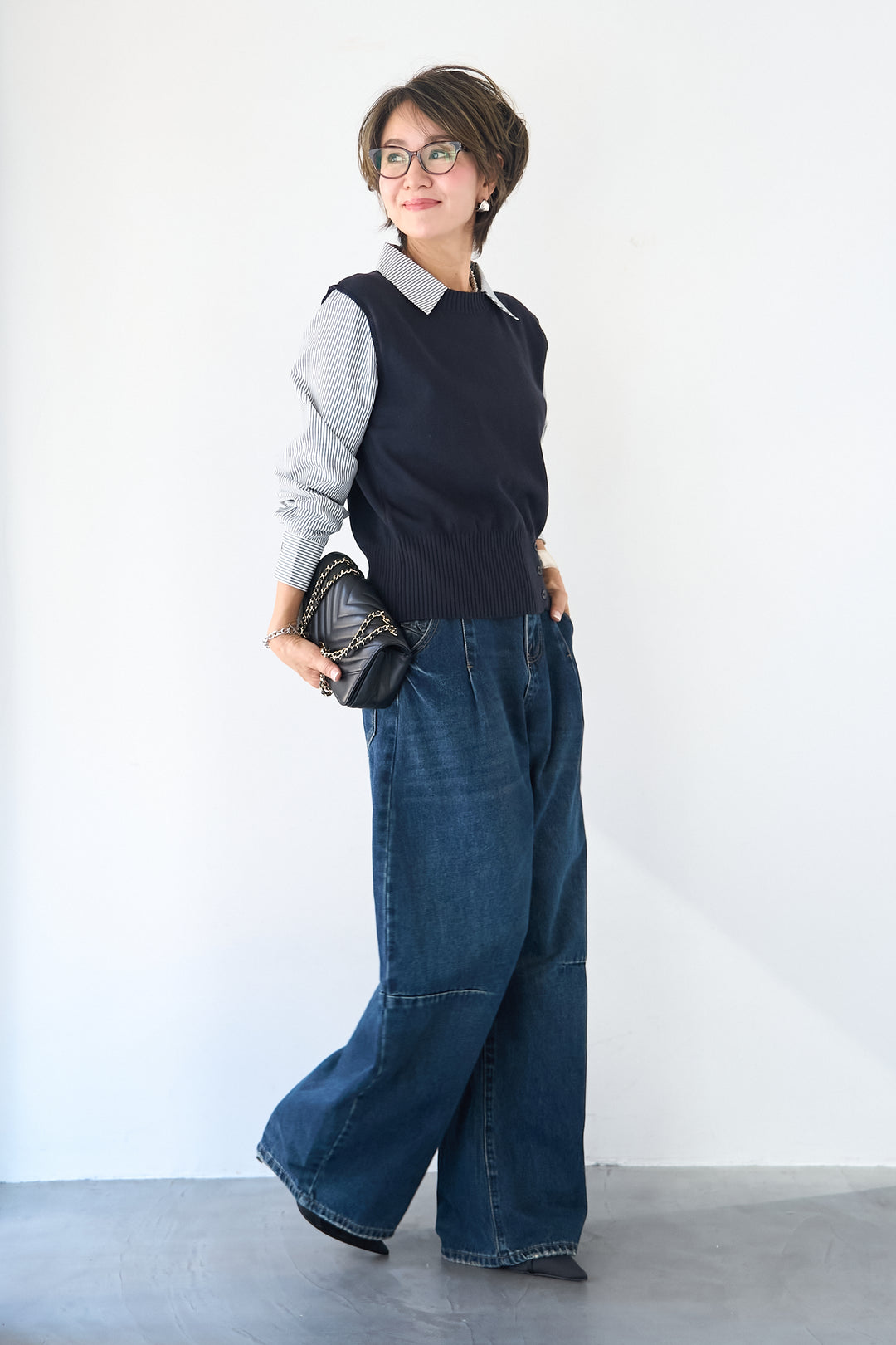 ストライプシャツ ドッキングニットベスト