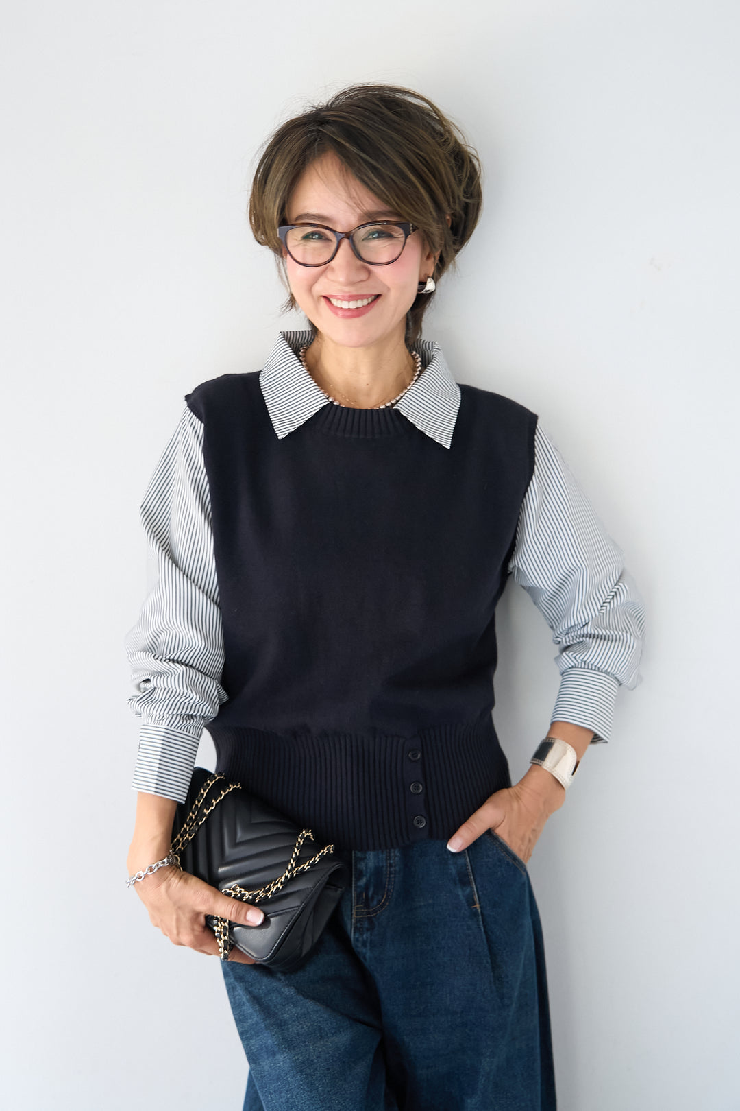 [SET]ストライプシャツ ドッキングニットベスト+カーブデニムパンツ(2set)