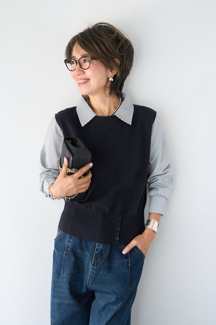 ストライプシャツ ドッキングニットベスト