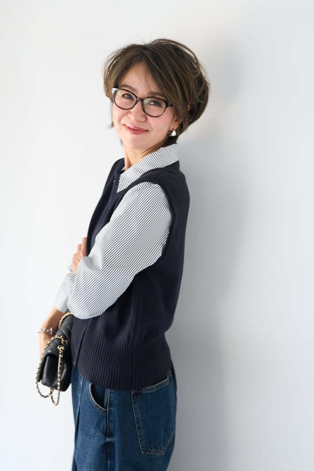 ストライプシャツ ドッキングニットベスト