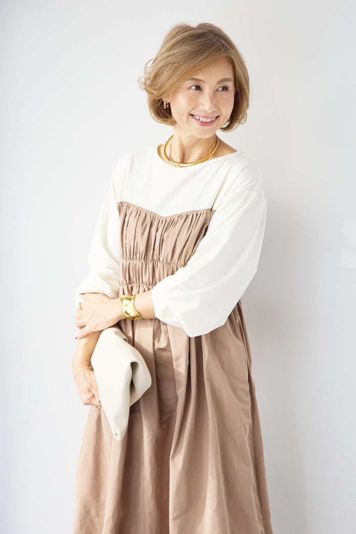 異素材切替シャーリングワンピース