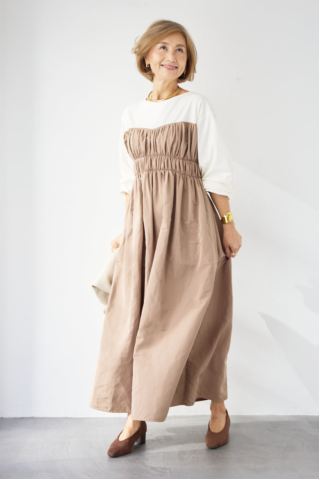 異素材切替シャーリングワンピース