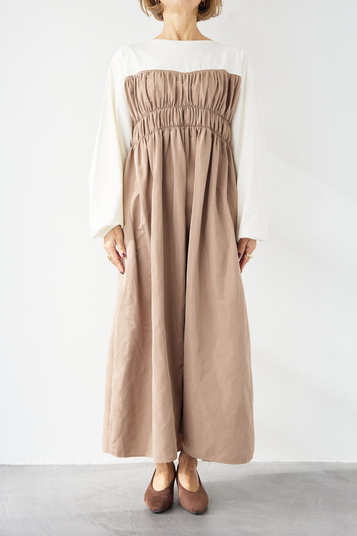 異素材切替シャーリングワンピース