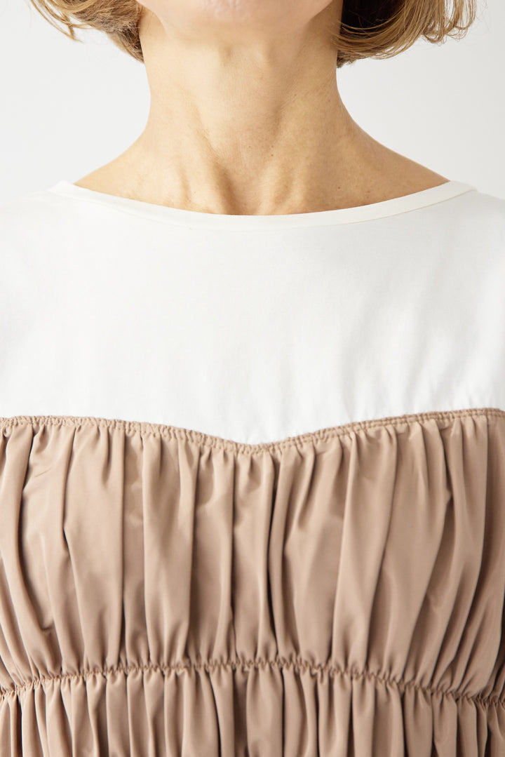 異素材切替シャーリングワンピース