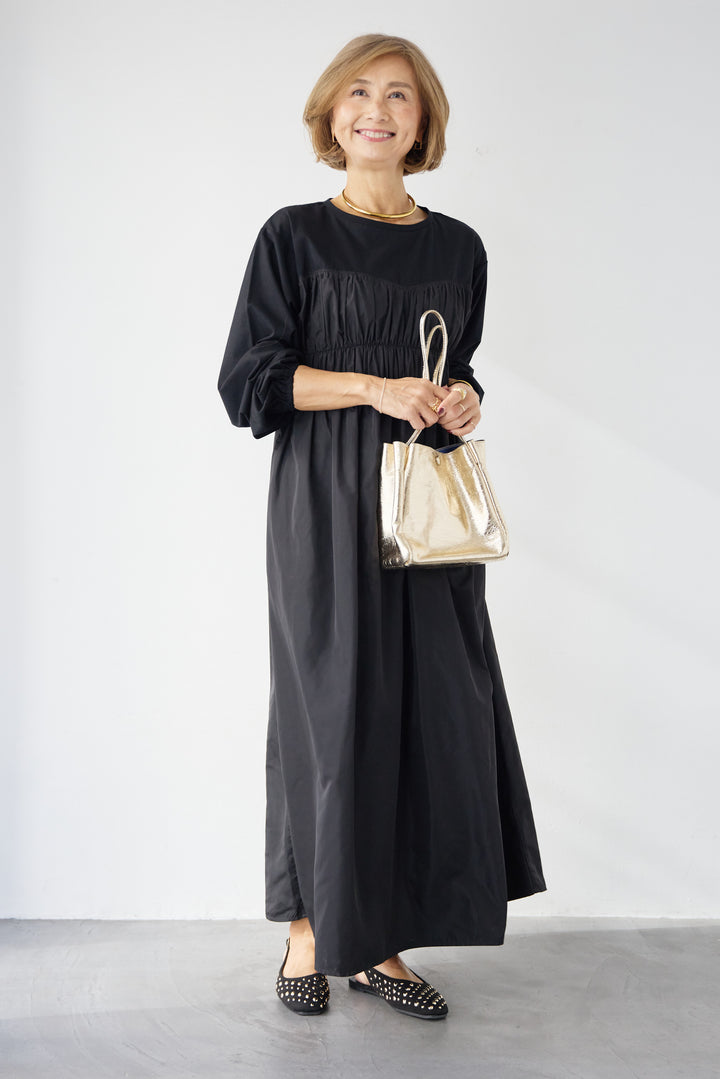 異素材切替シャーリングワンピース