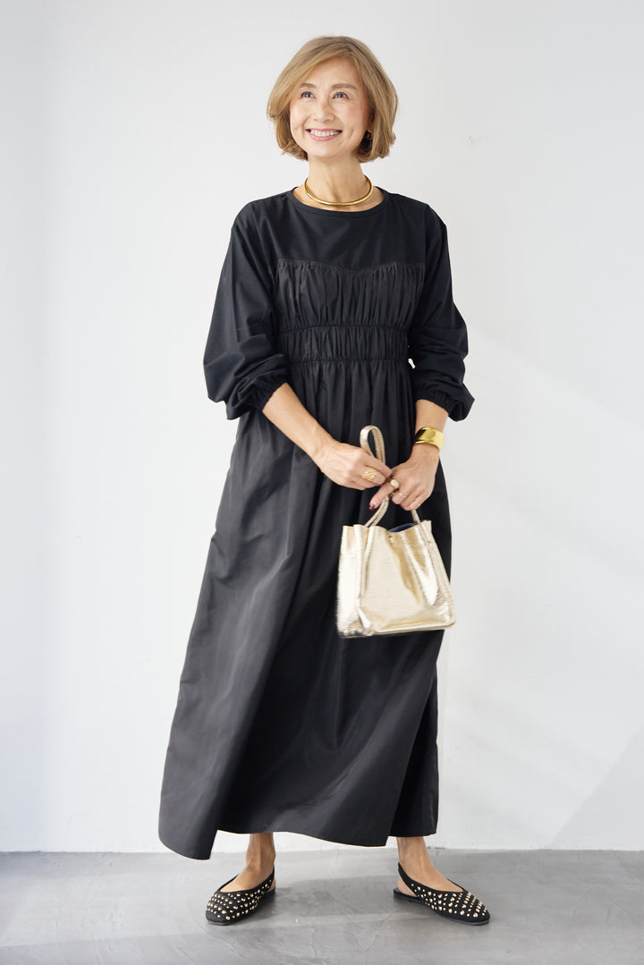 異素材切替シャーリングワンピース