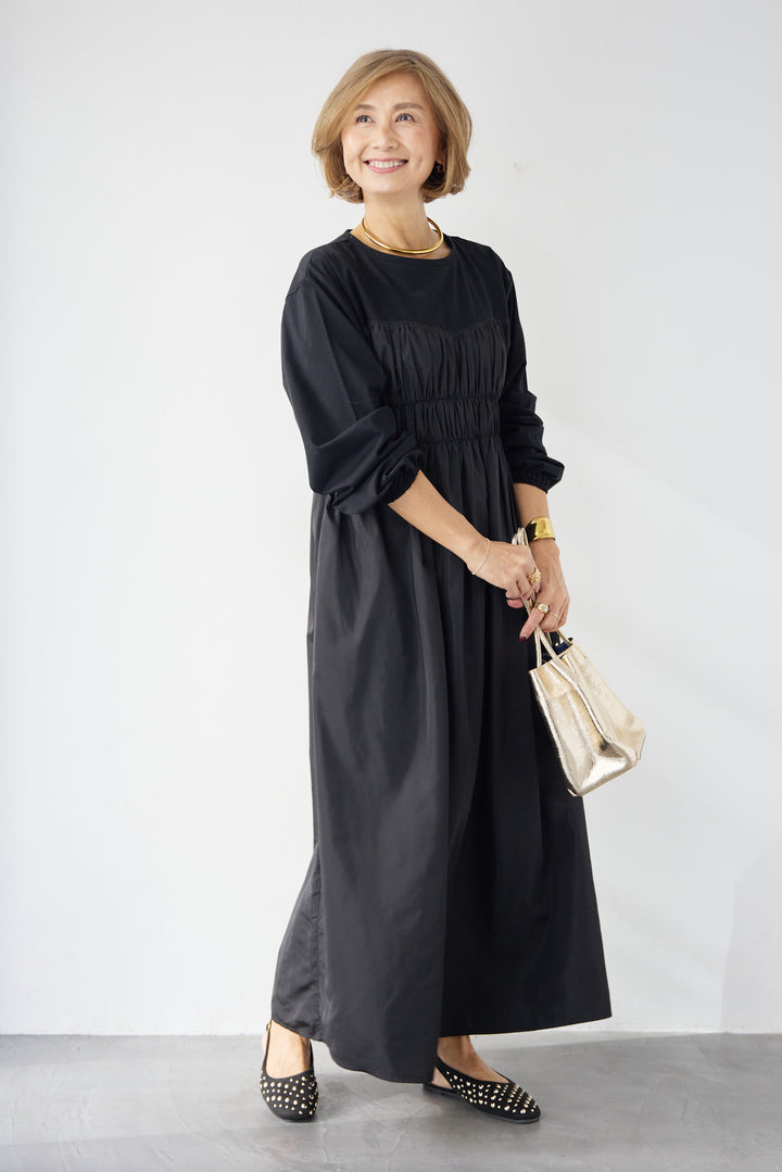 異素材切替シャーリングワンピース