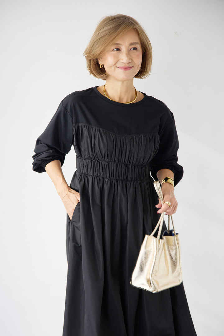 異素材切替シャーリングワンピース