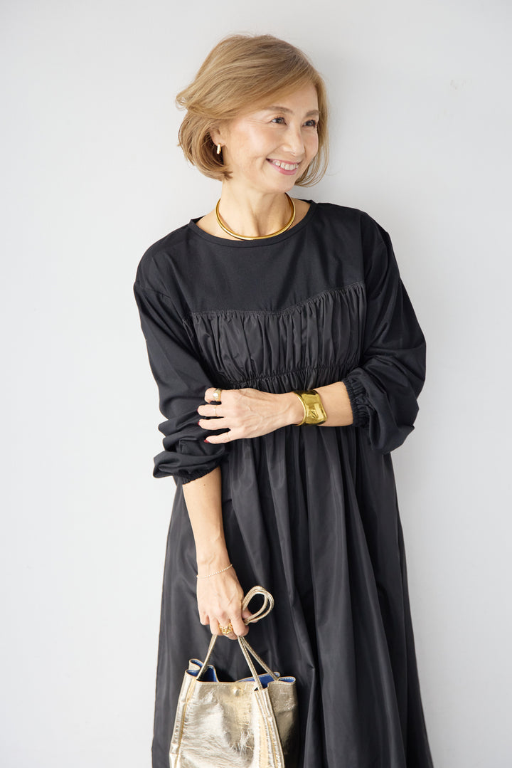 異素材切替シャーリングワンピース