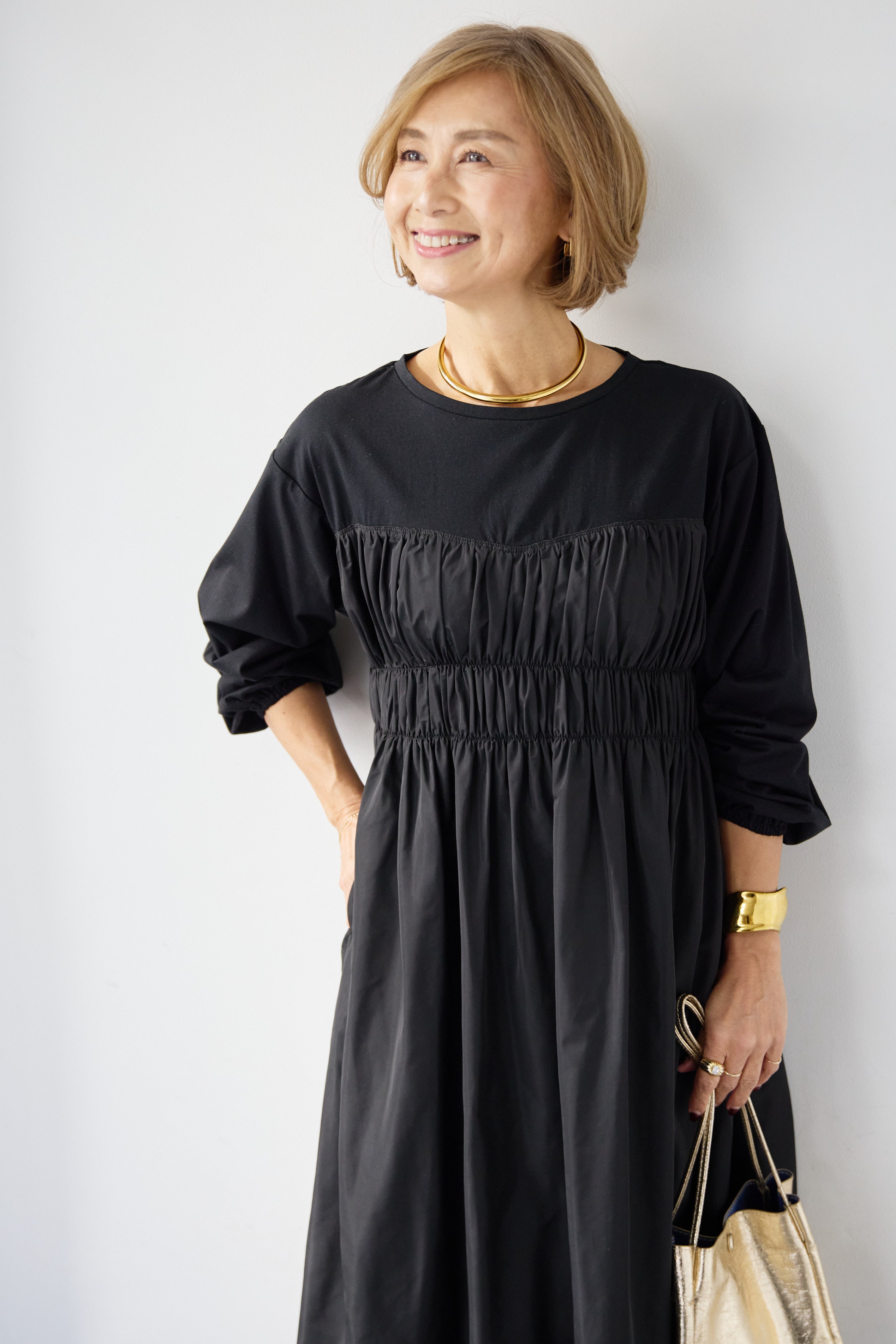 異素材切替シャーリングワンピース – plusotoha