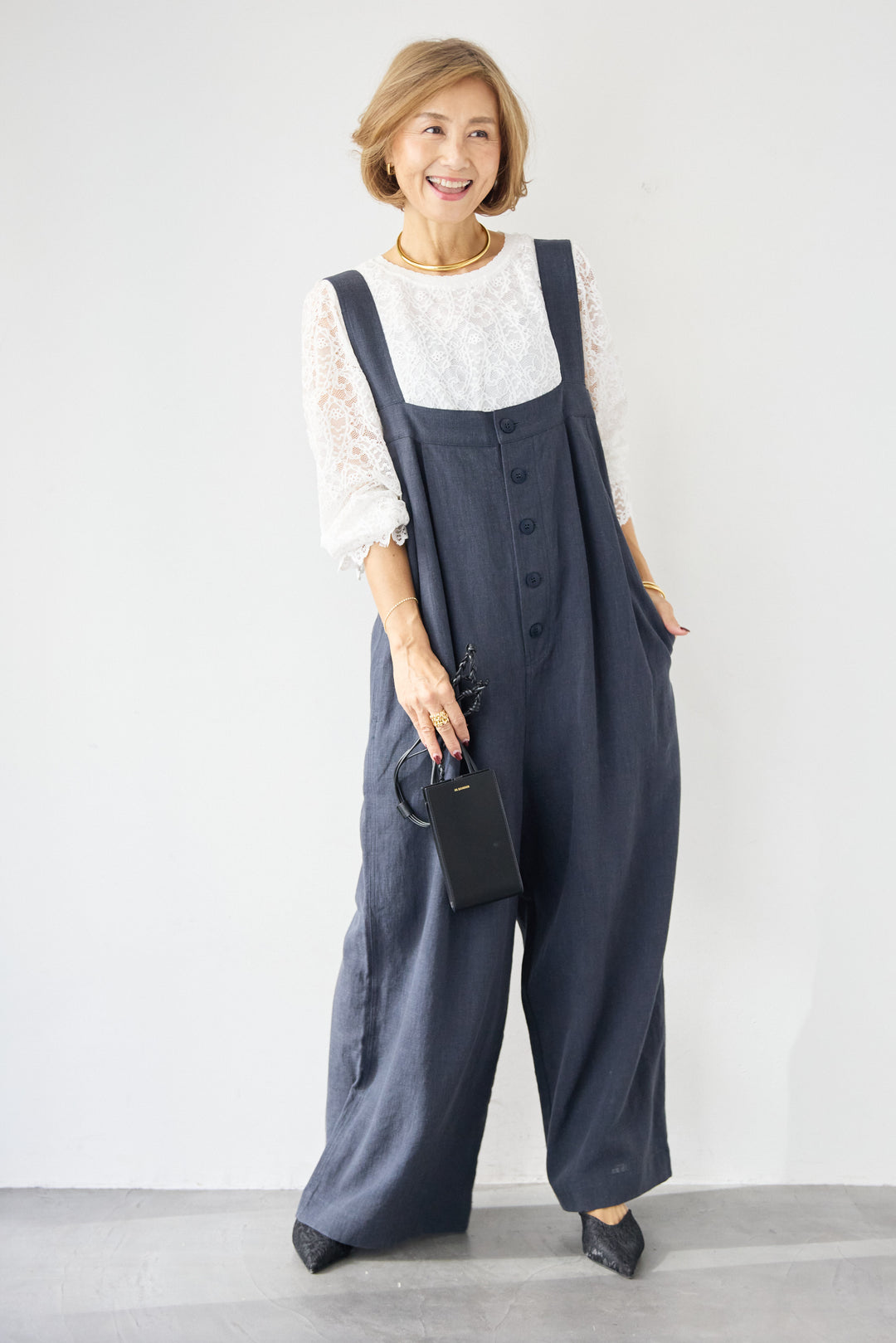 リネン混フロントボタンサロペット