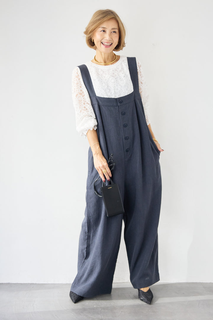 リネン混フロントボタンサロペット