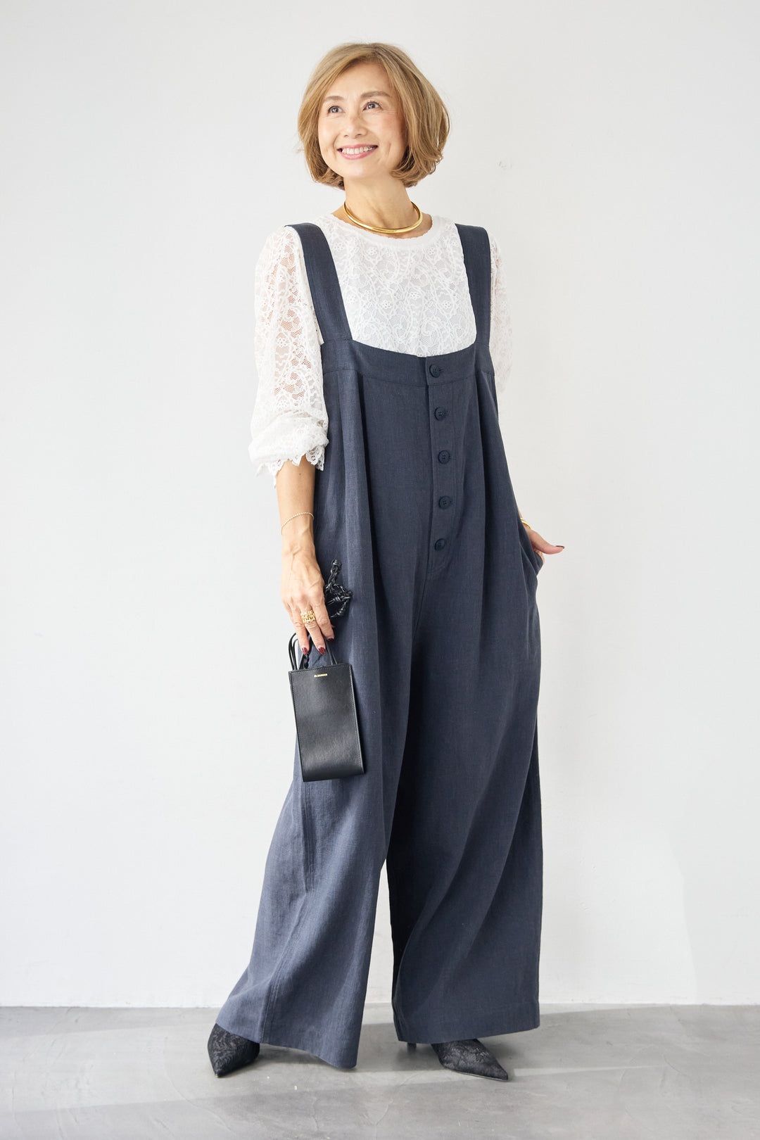 リネン混フロントボタンサロペット