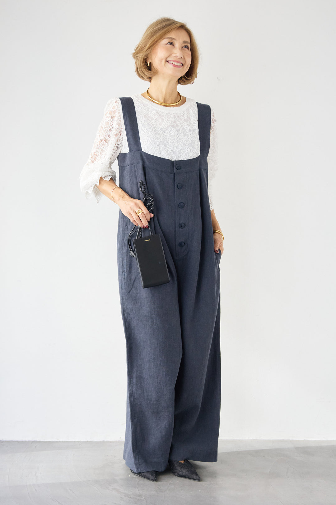 リネン混フロントボタンサロペット