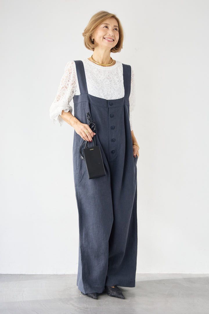 リネン混フロントボタンサロペット