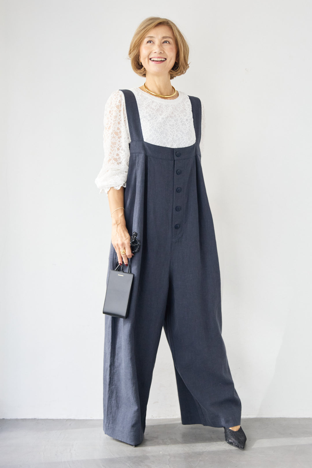 リネン混フロントボタンサロペット