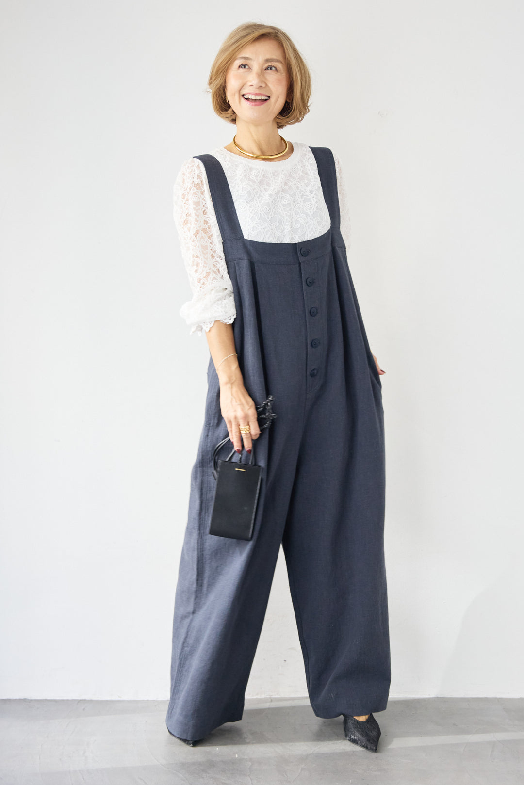 リネン混フロントボタンサロペット