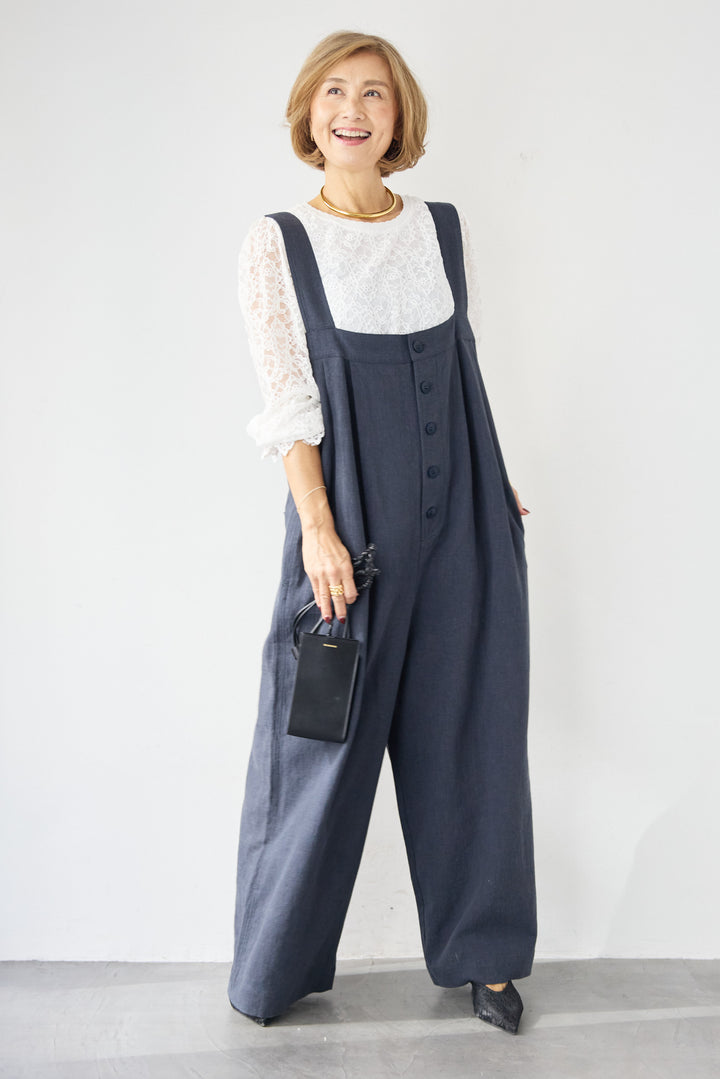 リネン混フロントボタンサロペット