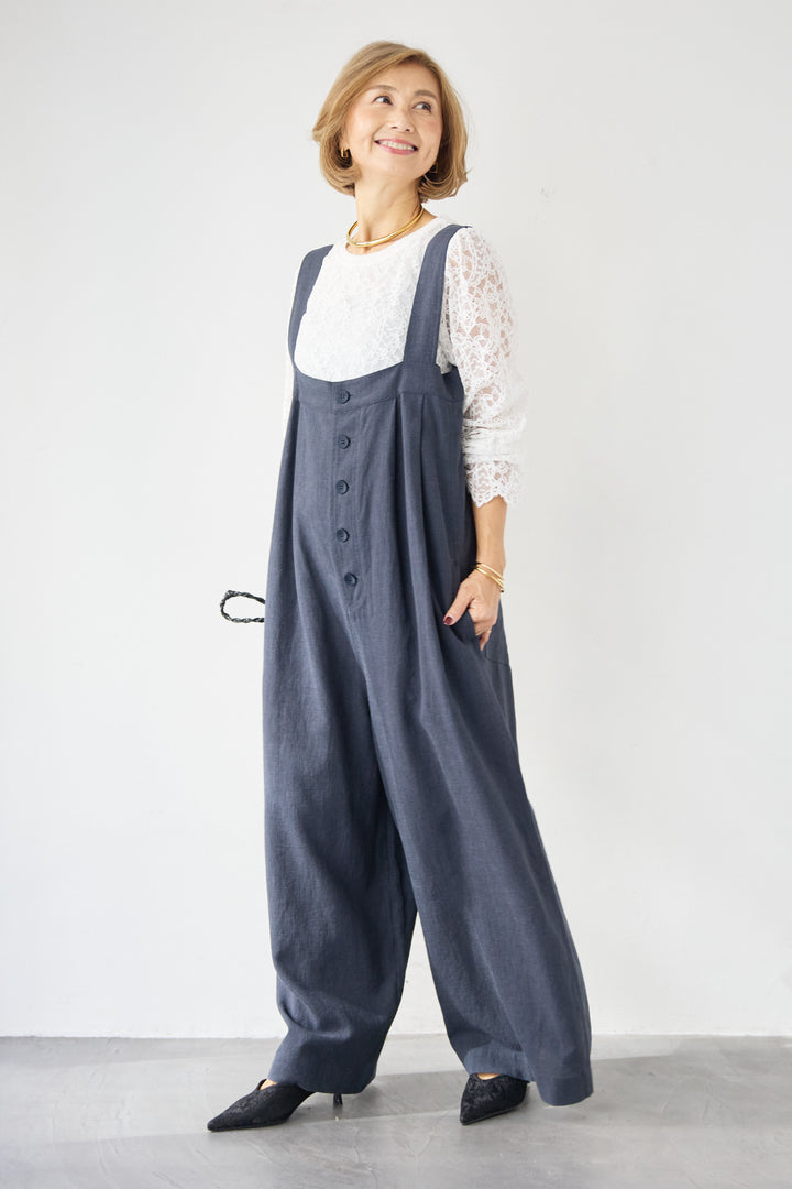 リネン混フロントボタンサロペット