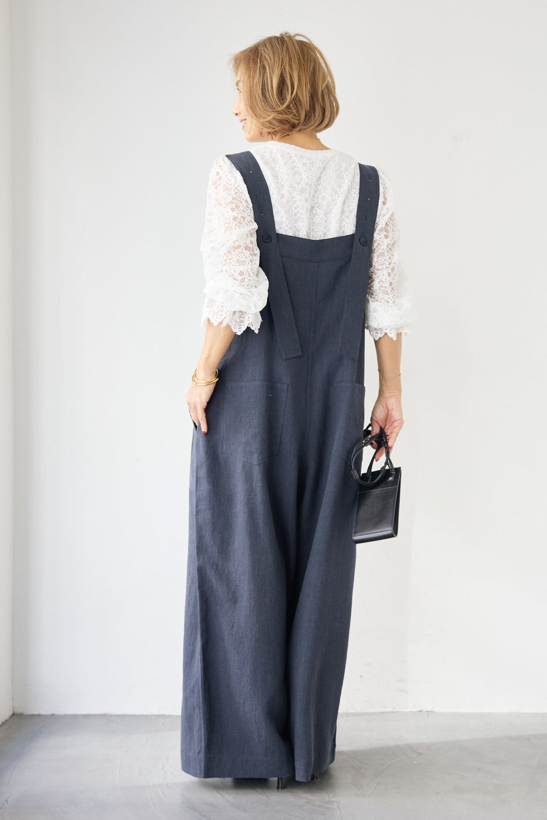 リネン混フロントボタンサロペット