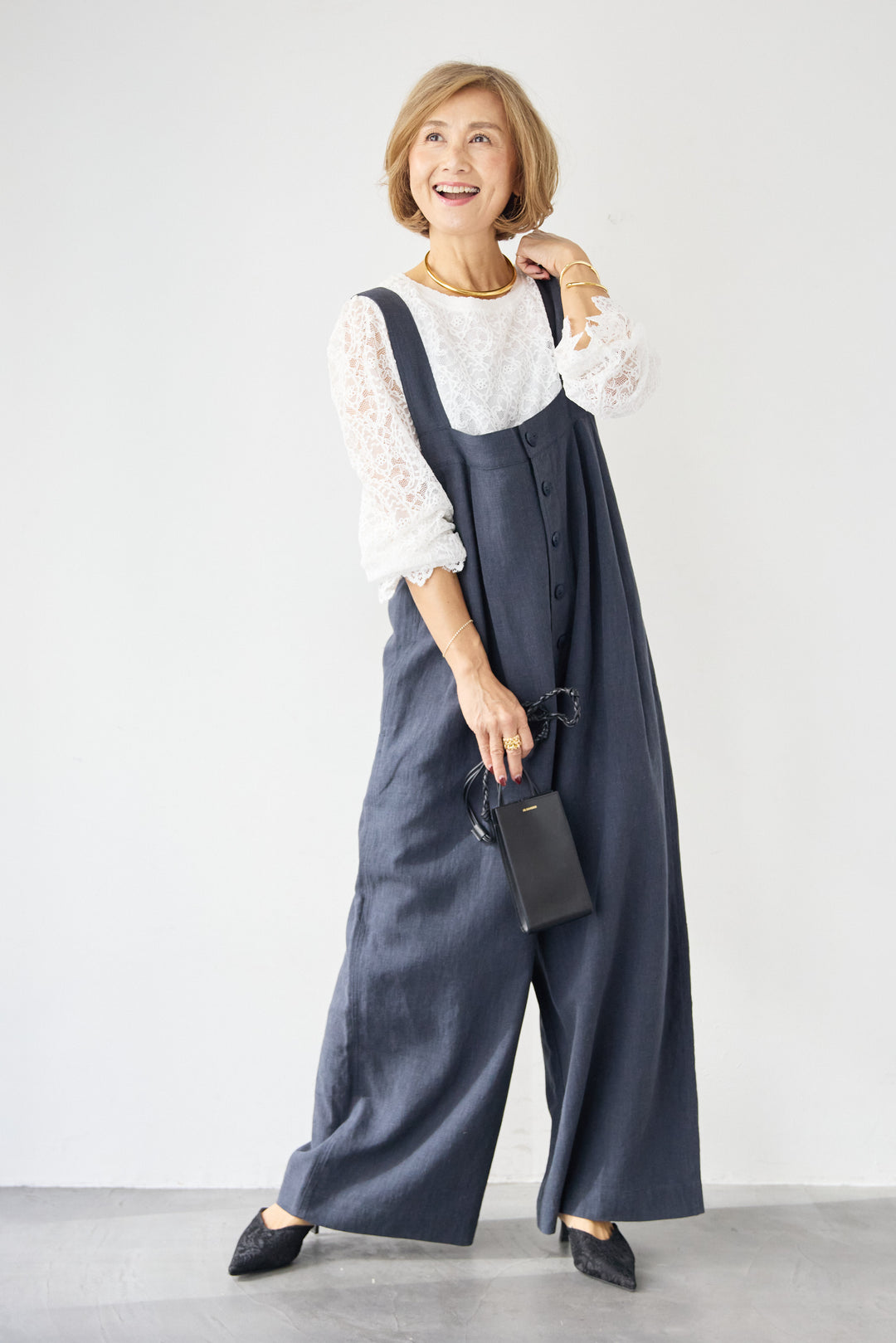 リネン混フロントボタンサロペット